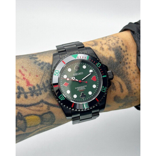 Custom Seiko Mod • Black Green Poker Submariner • 40mm